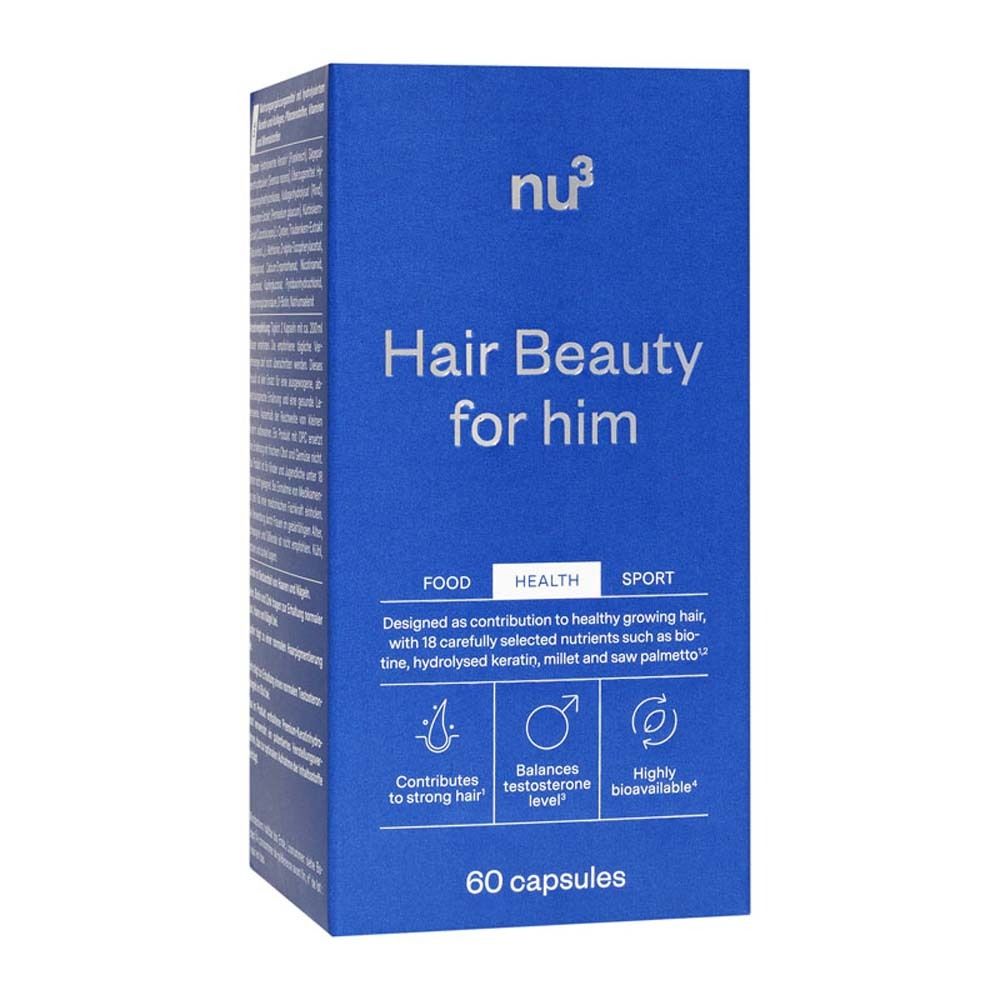 Blauwe doos met opschrift: Hair Beauty for him. Logo's en tekst. 60 capsules.