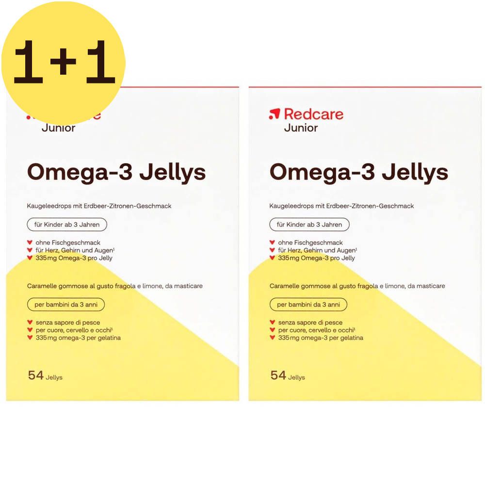 Twee verpakkingen Redcare Junior Omega-3 Jellys. Witte verpakking met productnaam en details.
