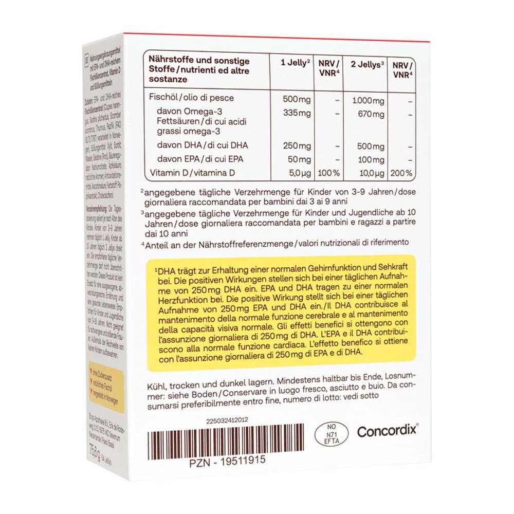 Achterkant van de Redcare Junior Omega-3 Jellys verpakking. Voedingswaardetabel en informatie.
