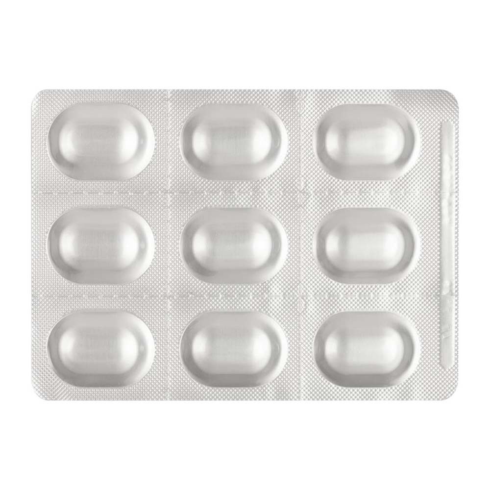 Blisterverpakking met negen ovale, zilverkleurige tabletten. Gerangschikt in drie rijen.