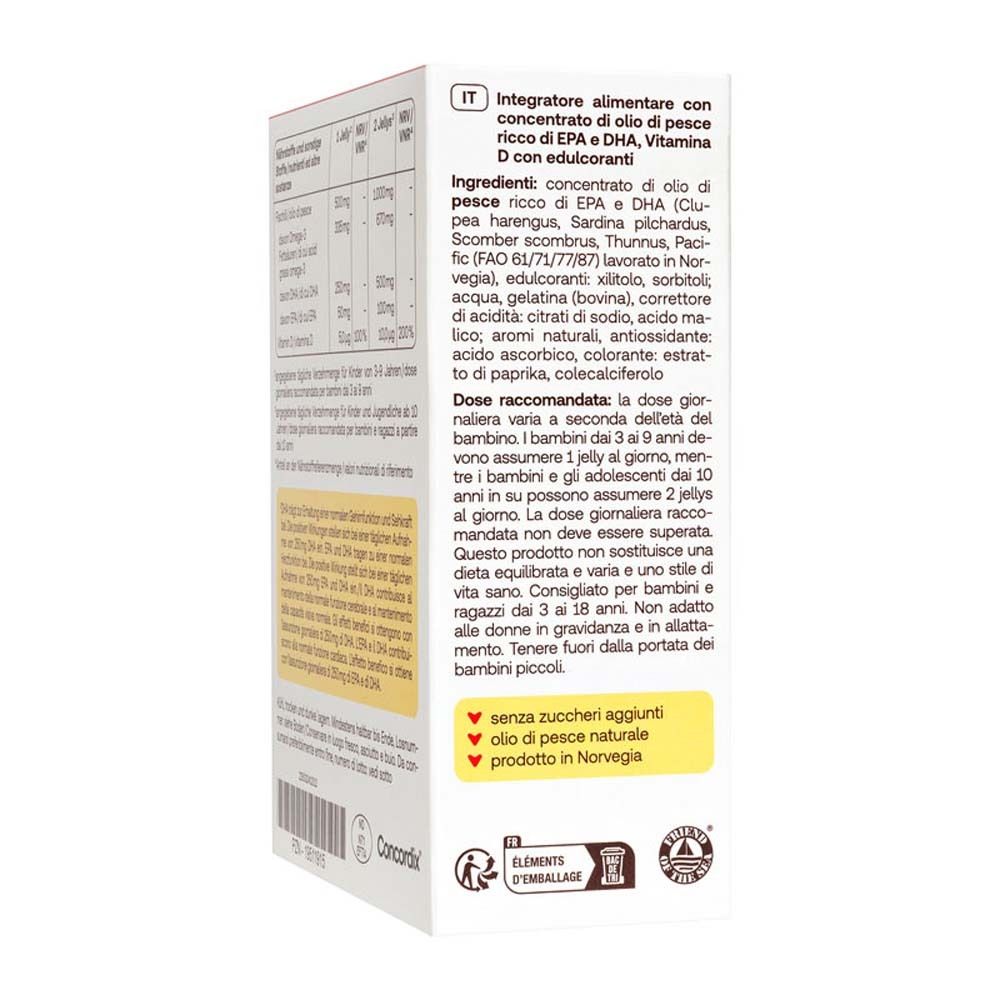 Achterkant van de productverpakking van Redcare Junior Omega-3 Jellys. Bevat voedingsinformatie en ingrediënten.