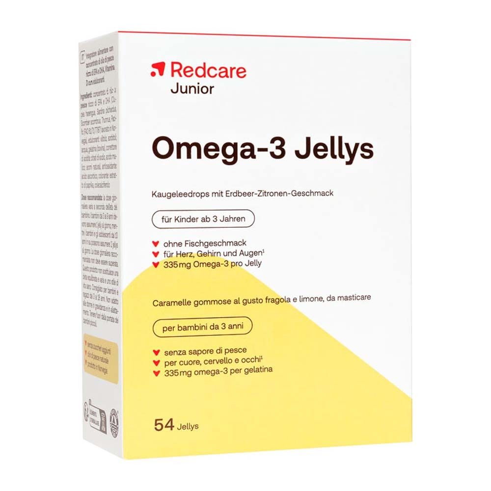 Productverpakking van Redcare Junior Omega-3 Jellys. Witte doos met productinformatie en gele accenten.