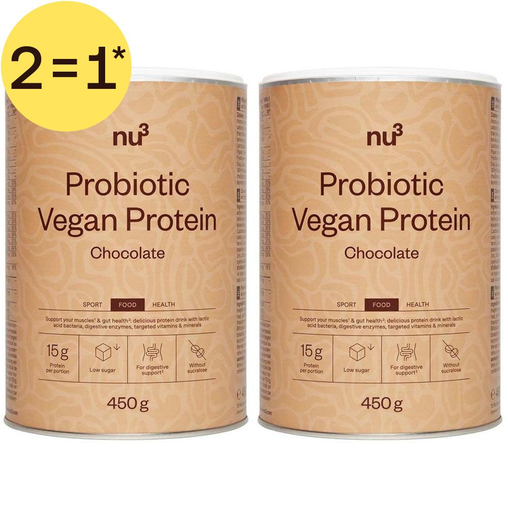 Deux boîtes de nu3 Probiotic Vegan Protein Chocolat, 450g. Offre 2=1.