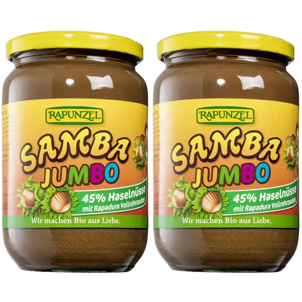 Twee potten met Samba Jumbo. Etiket met hazelnoten en tekst. Gele deksel.