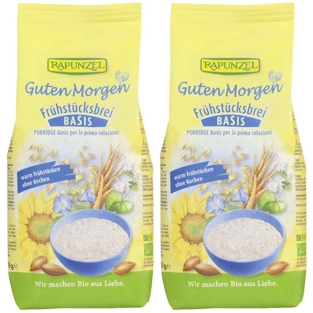 Deux paquets de Rapunzel Porridge. Emballage jaune avec nom du produit et illustrations de céréales, tournesols et amandes.
