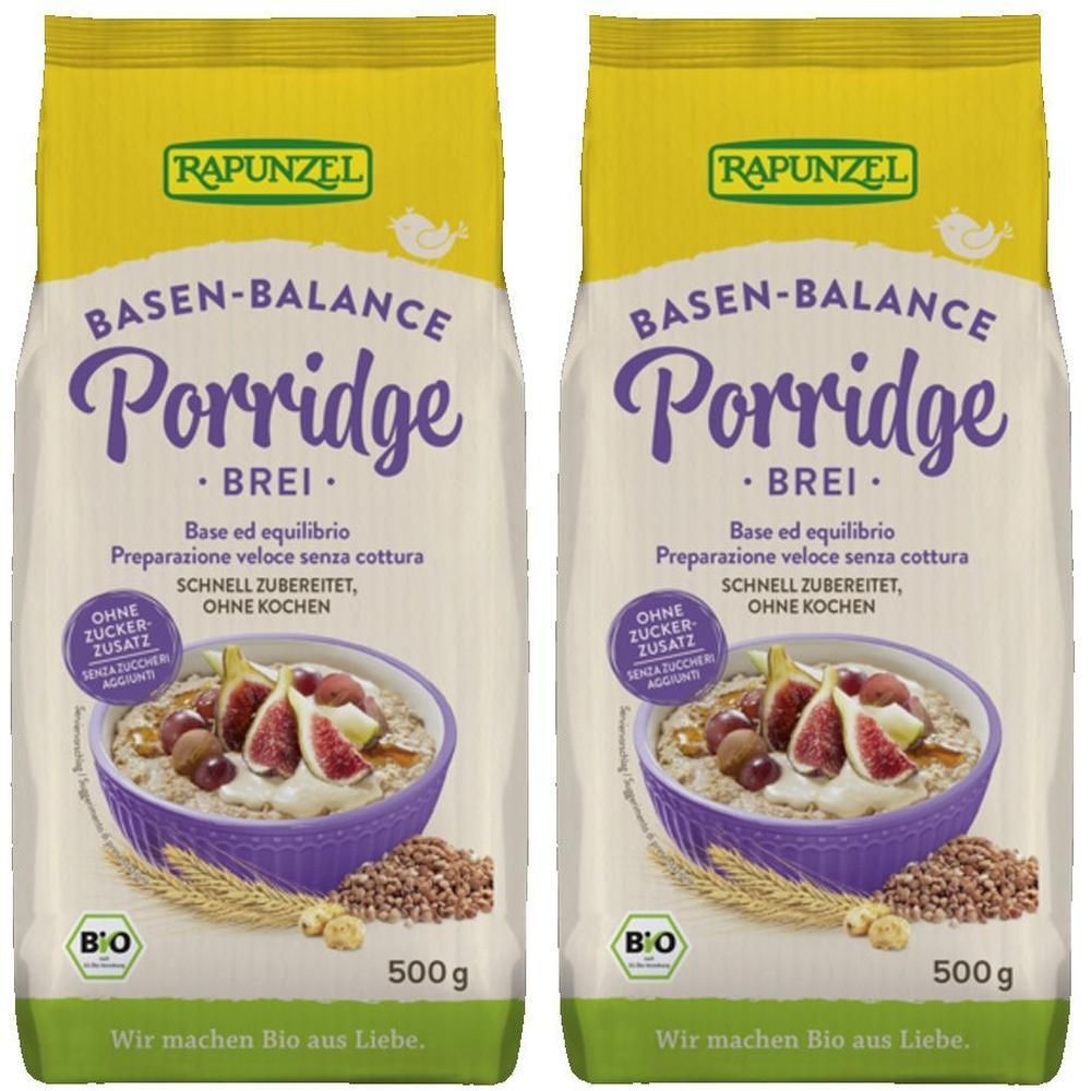 Deux paquets de RAPUNZEL Basen-Balance Porridge. Emballage jaune avec illustration, texte et label bio.