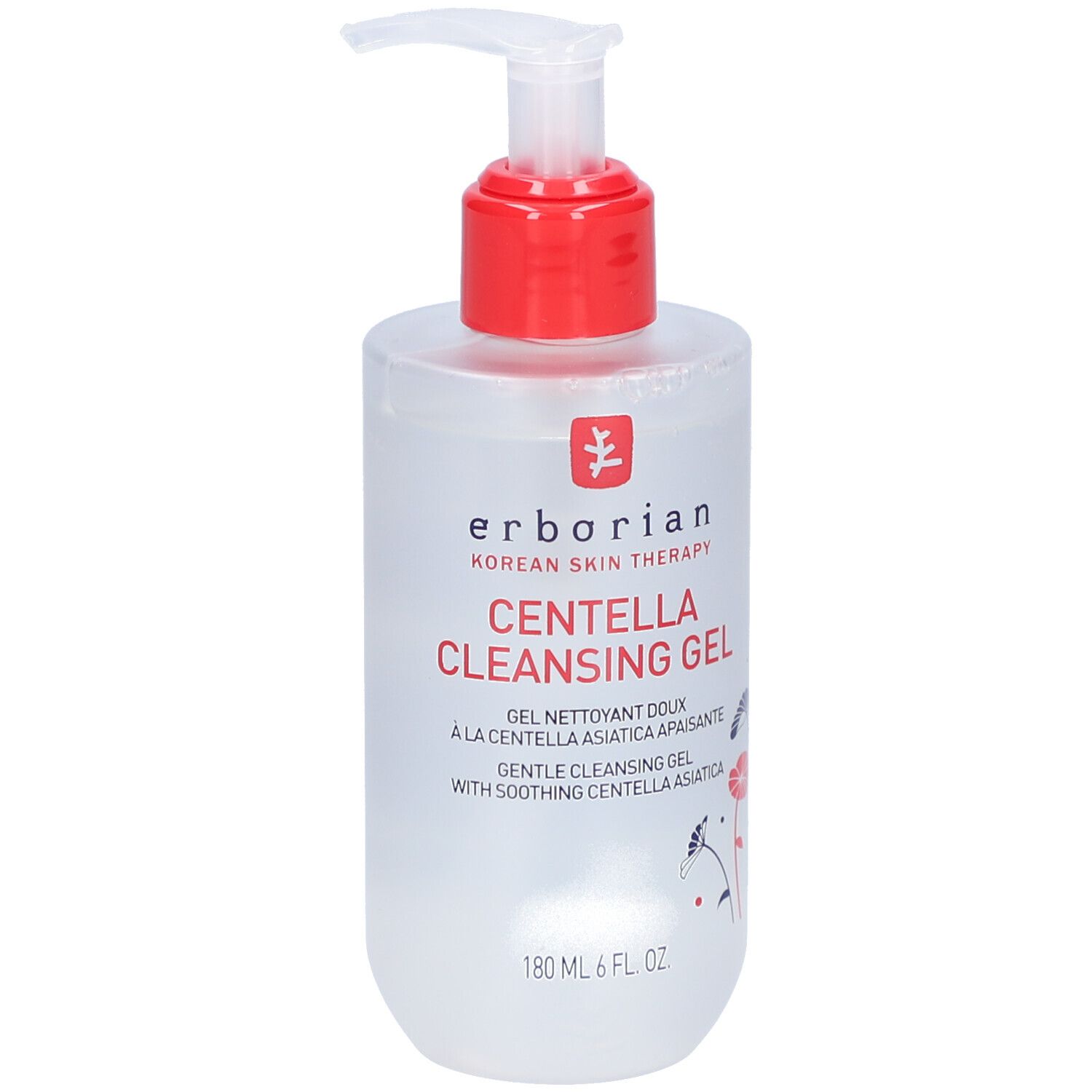 Transparante fles met rode pomp. Opschrift: Centella Cleansing Gel. Merk: Erborian.