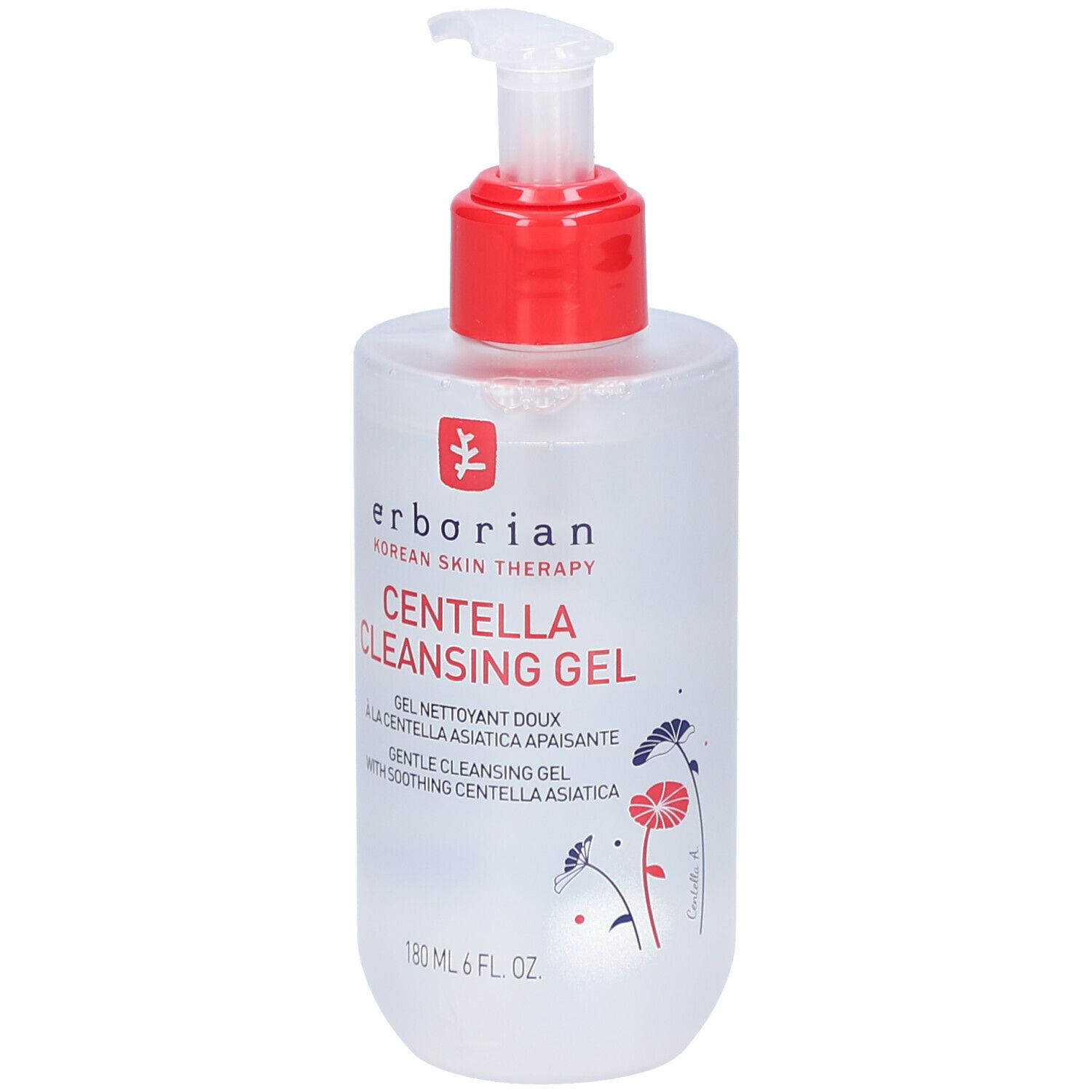 Transparante fles met rode pomp. Opschrift: Centella Cleansing Gel. Merk: Erborian.