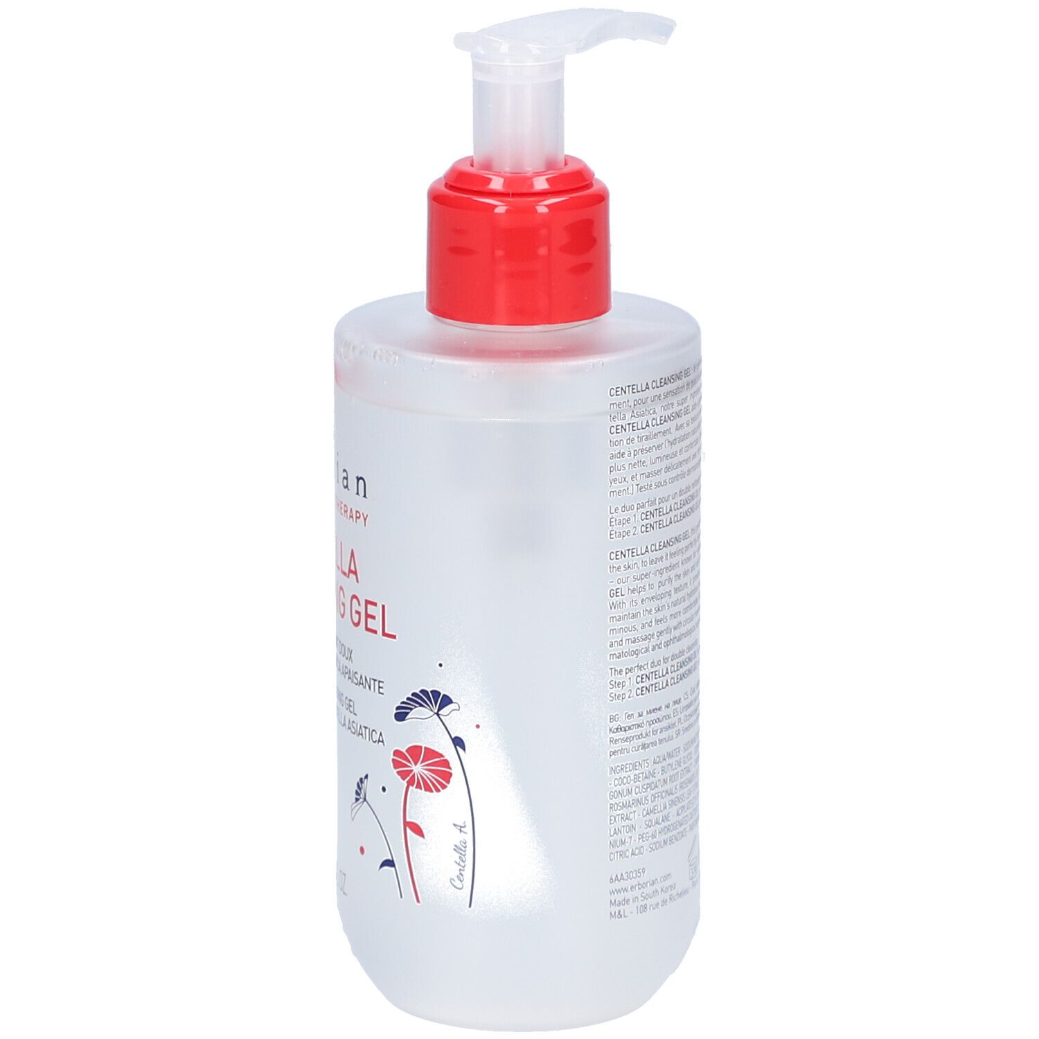 Transparante fles met rode pomp. Opschrift: Centella Cleansing Gel. Merk: Erborian.