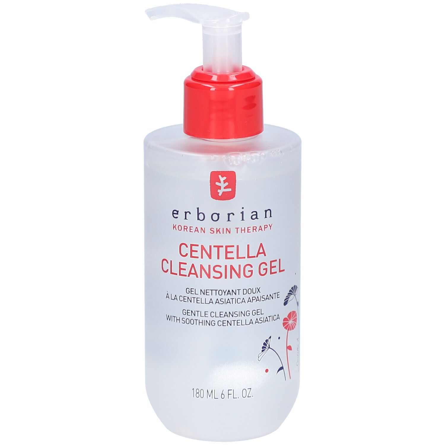 Transparante fles met rode pomp. Opschrift: Centella Cleansing Gel. Merk: Erborian.