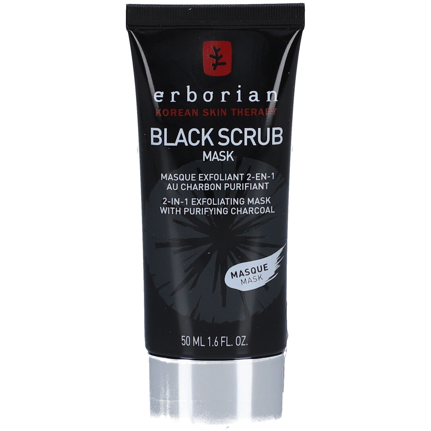 Tube noire avec bouchon noir. Inscription: BLACK SCRUB MASK. Marque: Erborian. 50 ml.