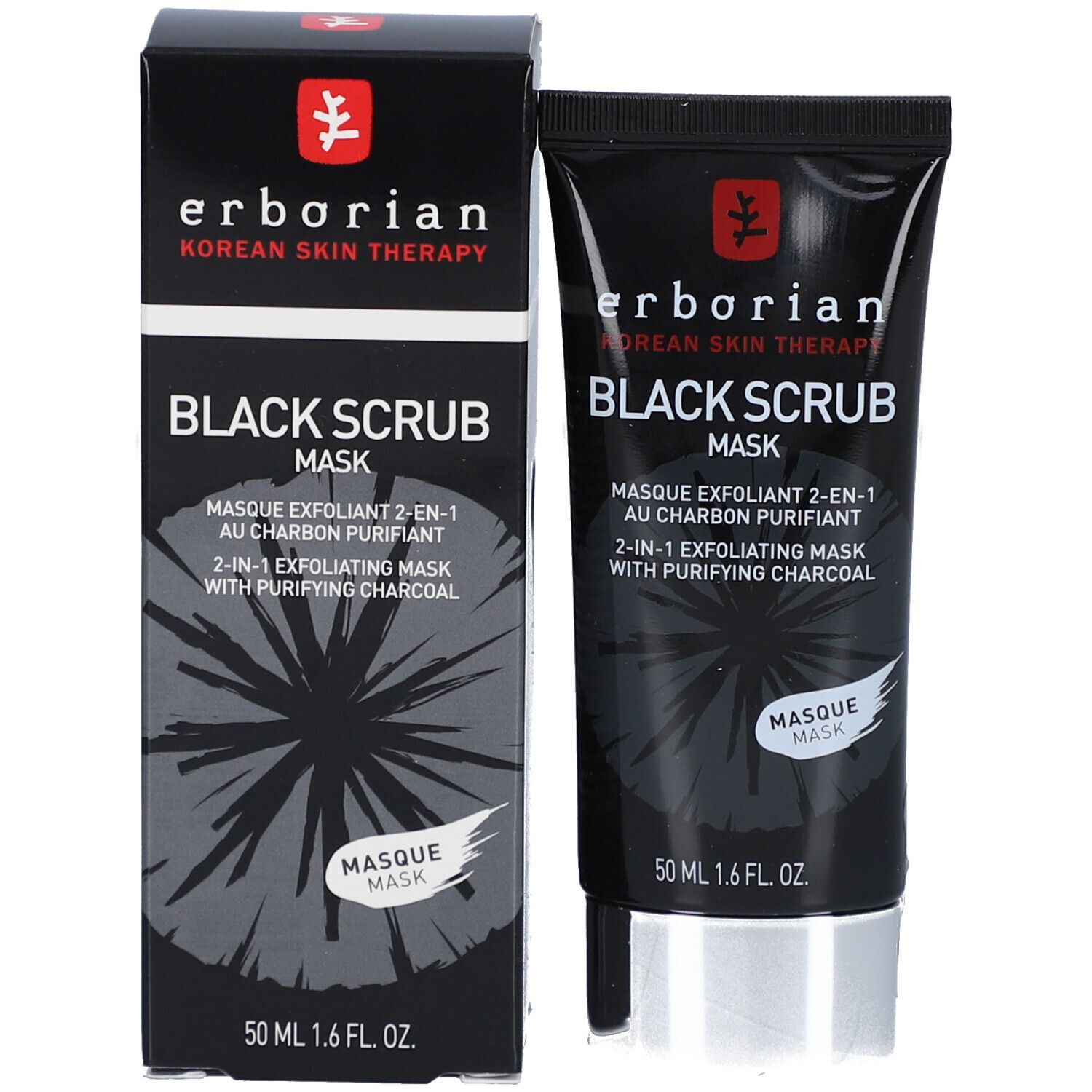 Tube et boîte noirs. Inscription: BLACK SCRUB MASK. Marque: Erborian. 50 ml.