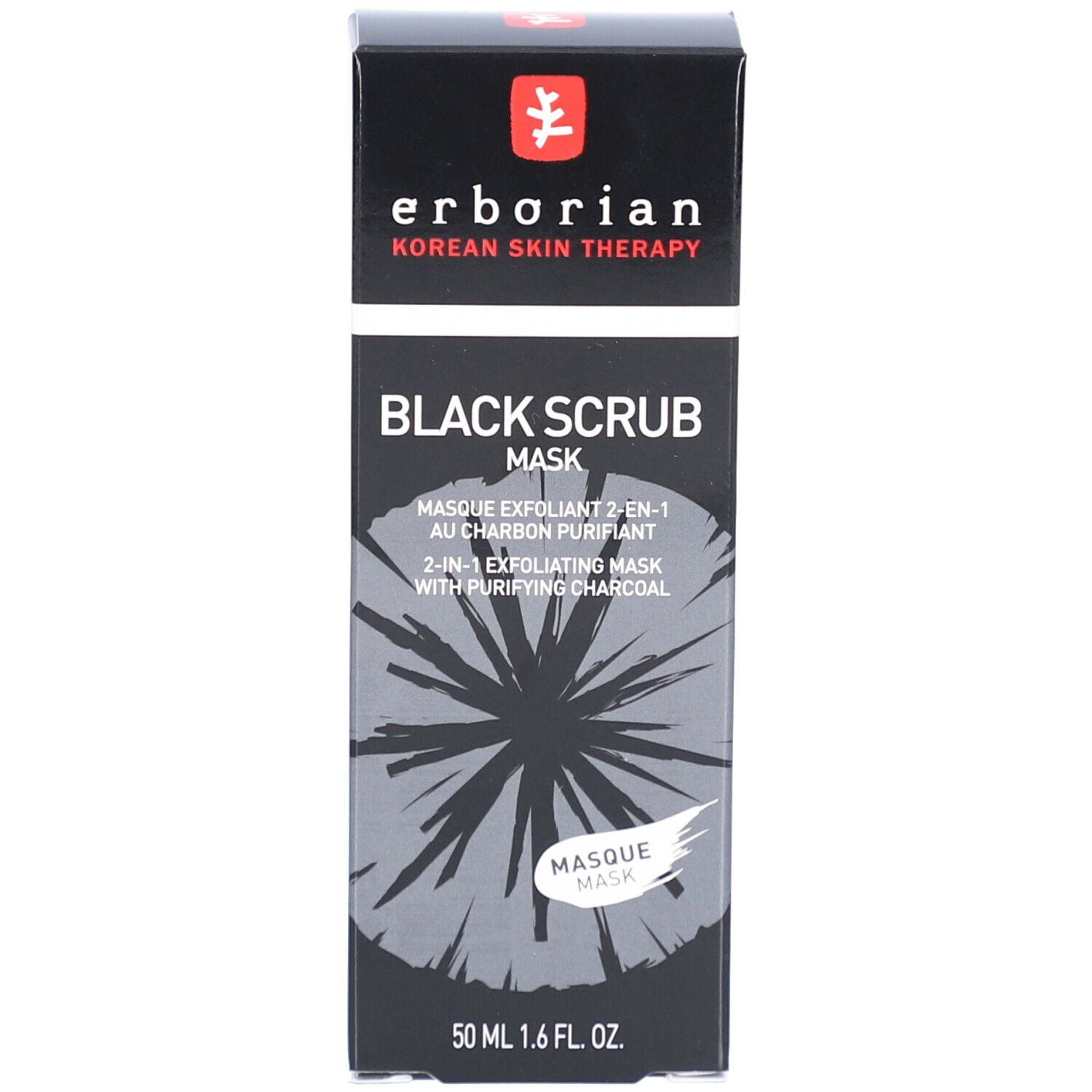 Boîte noire. Inscription: BLACK SCRUB MASK. Marque: Erborian. 50 ml.