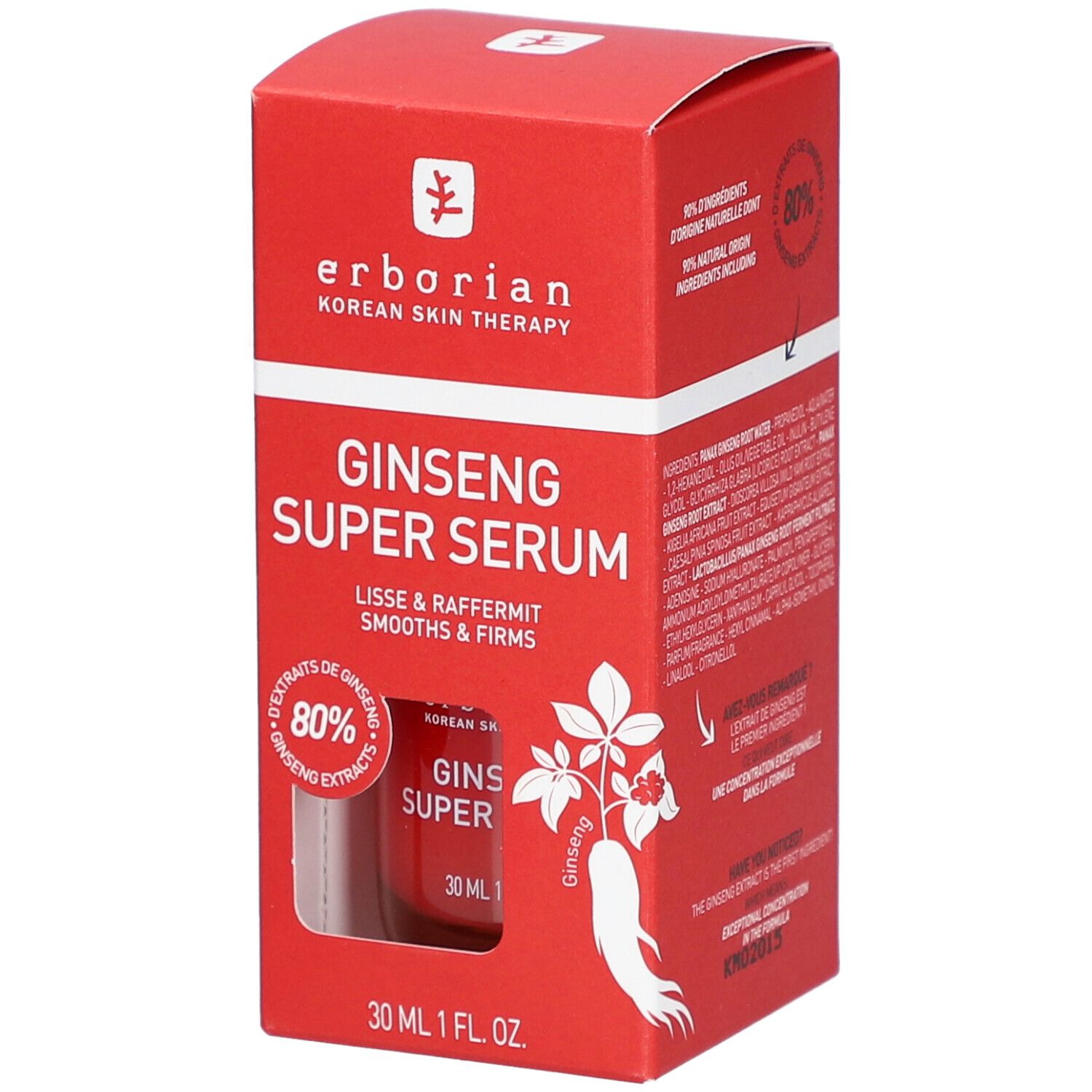 Boîte rouge avec "GINSENG SUPER SERUM". Contient 80% d'extrait de ginseng. Flacon de 30 ml.