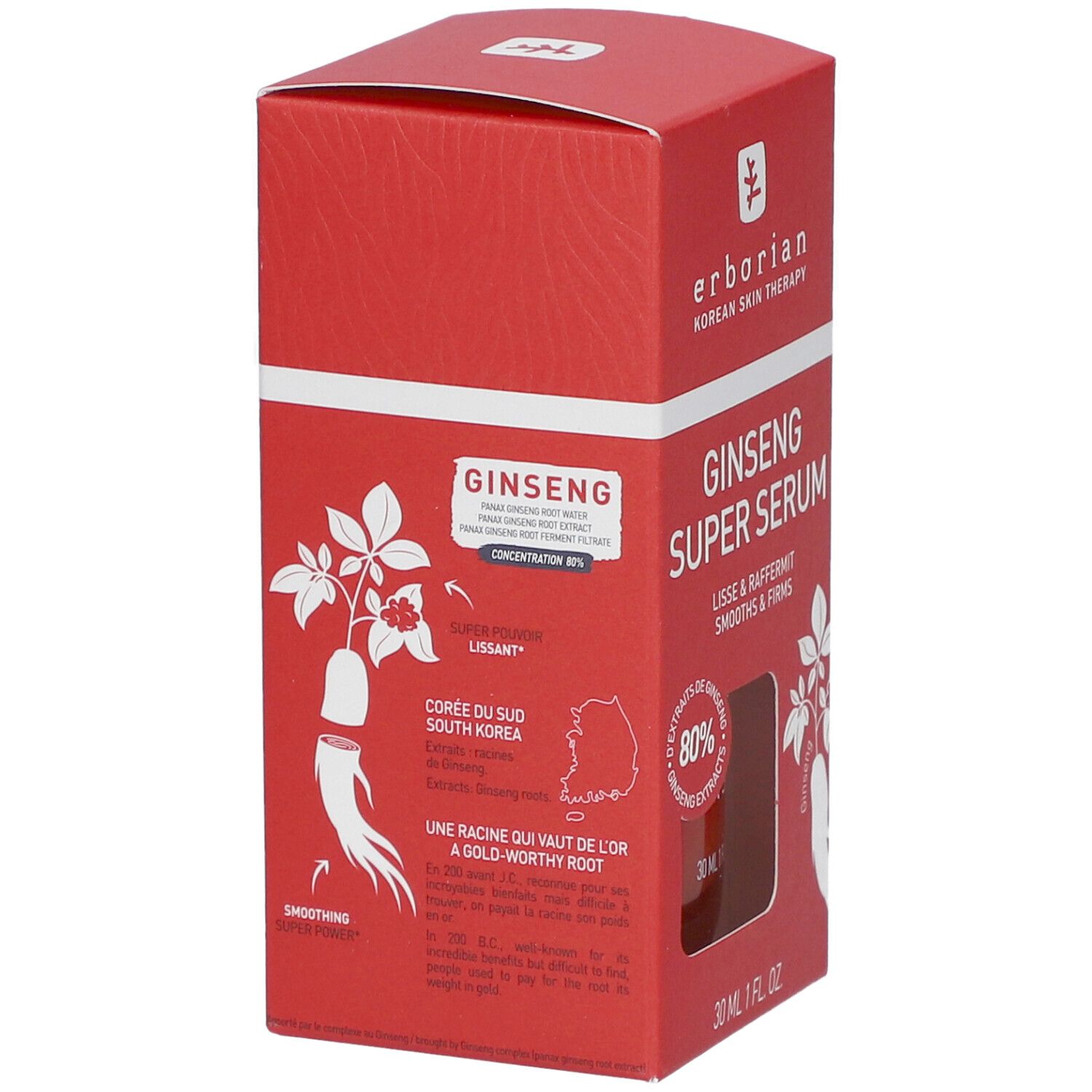 Boîte rouge avec "GINSENG SUPER SERUM". Contient 80% d'extrait de ginseng. Illustration de ginseng.