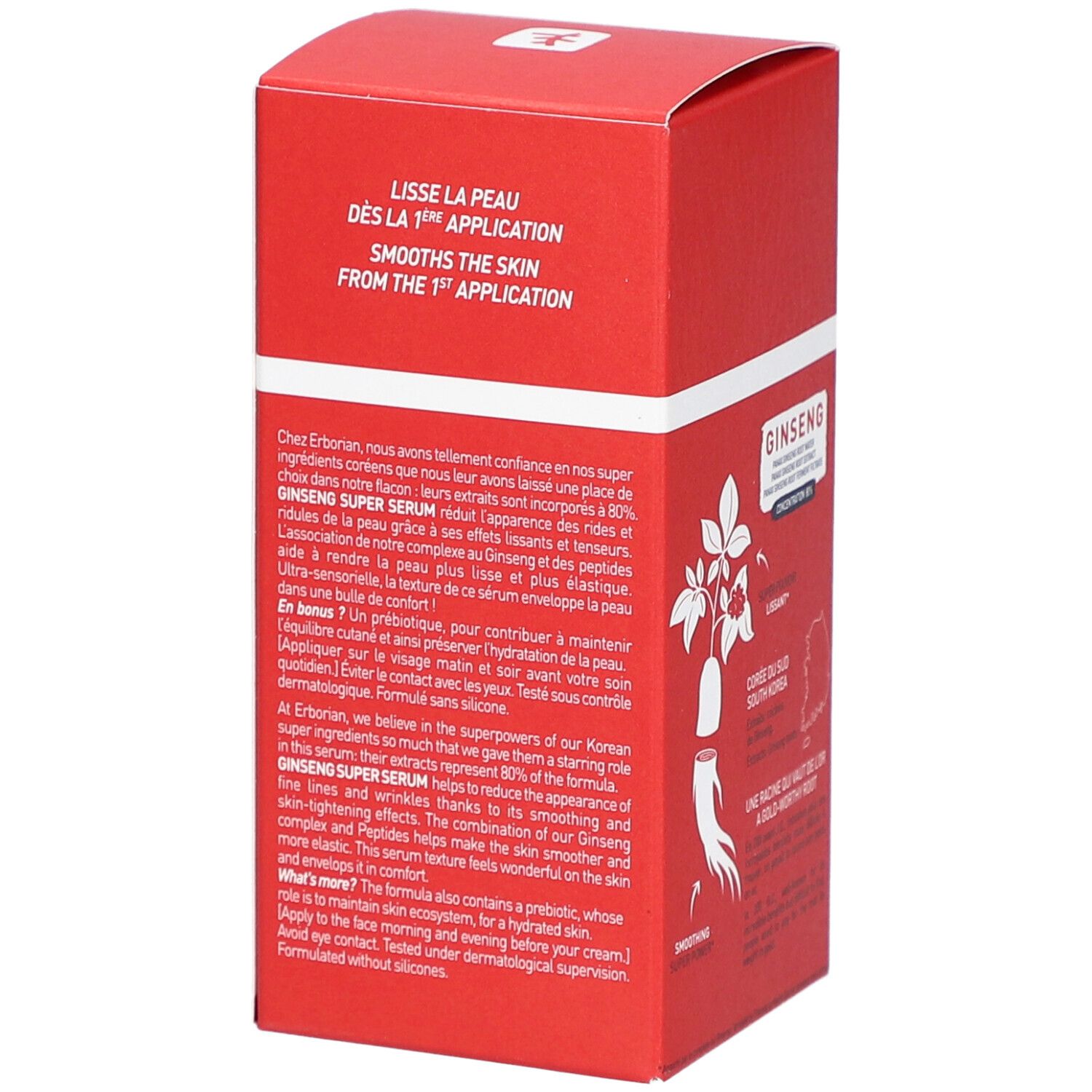 Boîte rouge avec texte. "GINSENG SUPER SERUM" et "Smoothes the skin from the 1st application". Ingrédients listés.