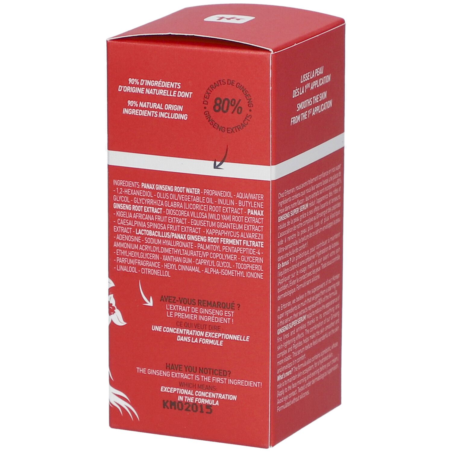 Boîte rouge avec texte. Contient 90% d'ingrédients naturels. Liste des ingrédients. "GINSENG SUPER SERUM".