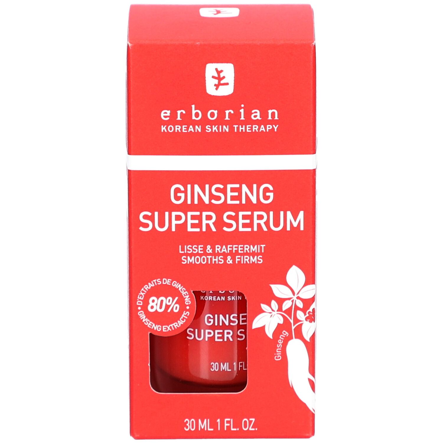 Boîte rouge avec produit. "GINSENG SUPER SERUM" et flacon. Contient 80% extrait de ginseng. Flacon 30 ml.
