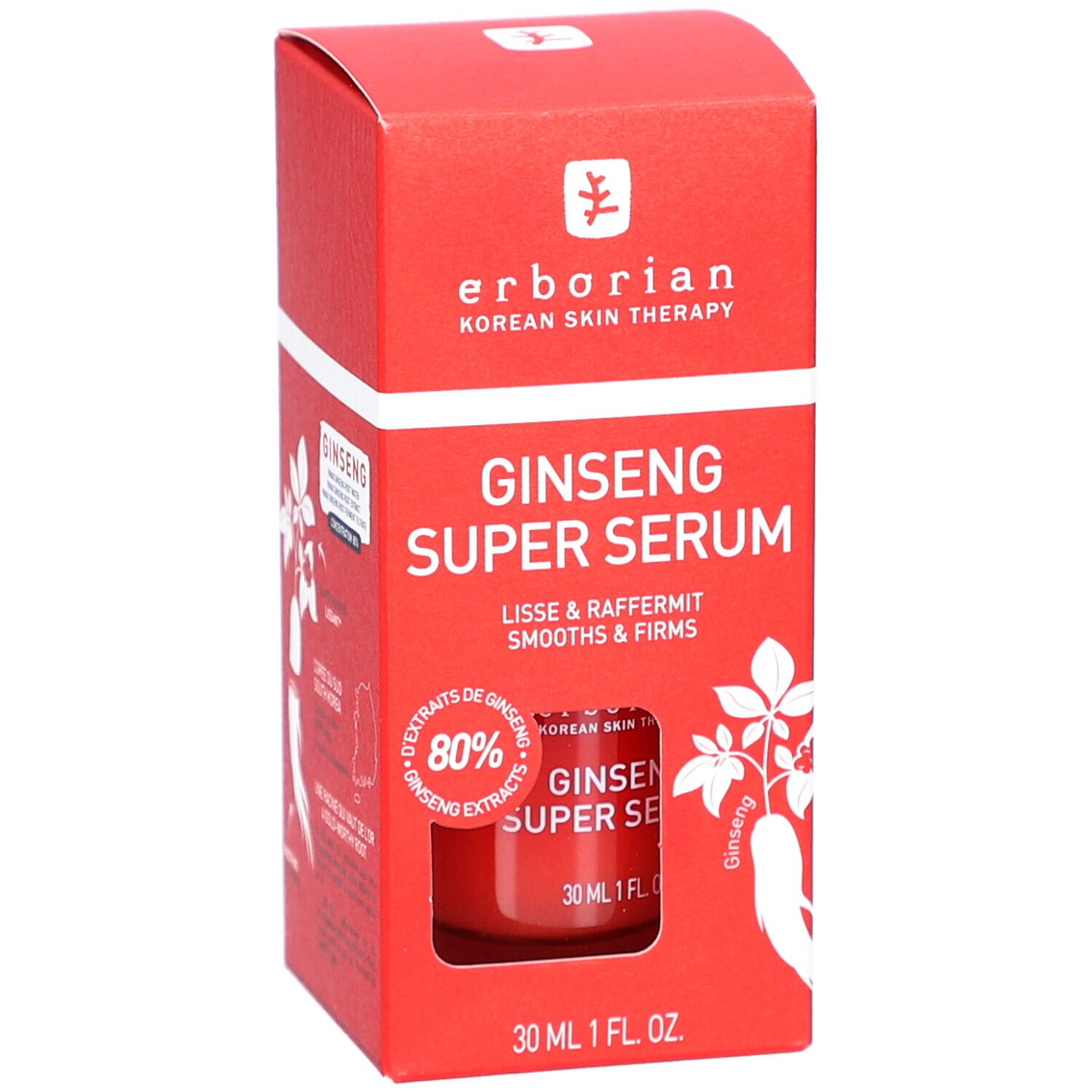 Boîte rouge avec produit. "GINSENG SUPER SERUM" et flacon. Contient 80% extrait de ginseng. Flacon 30 ml.