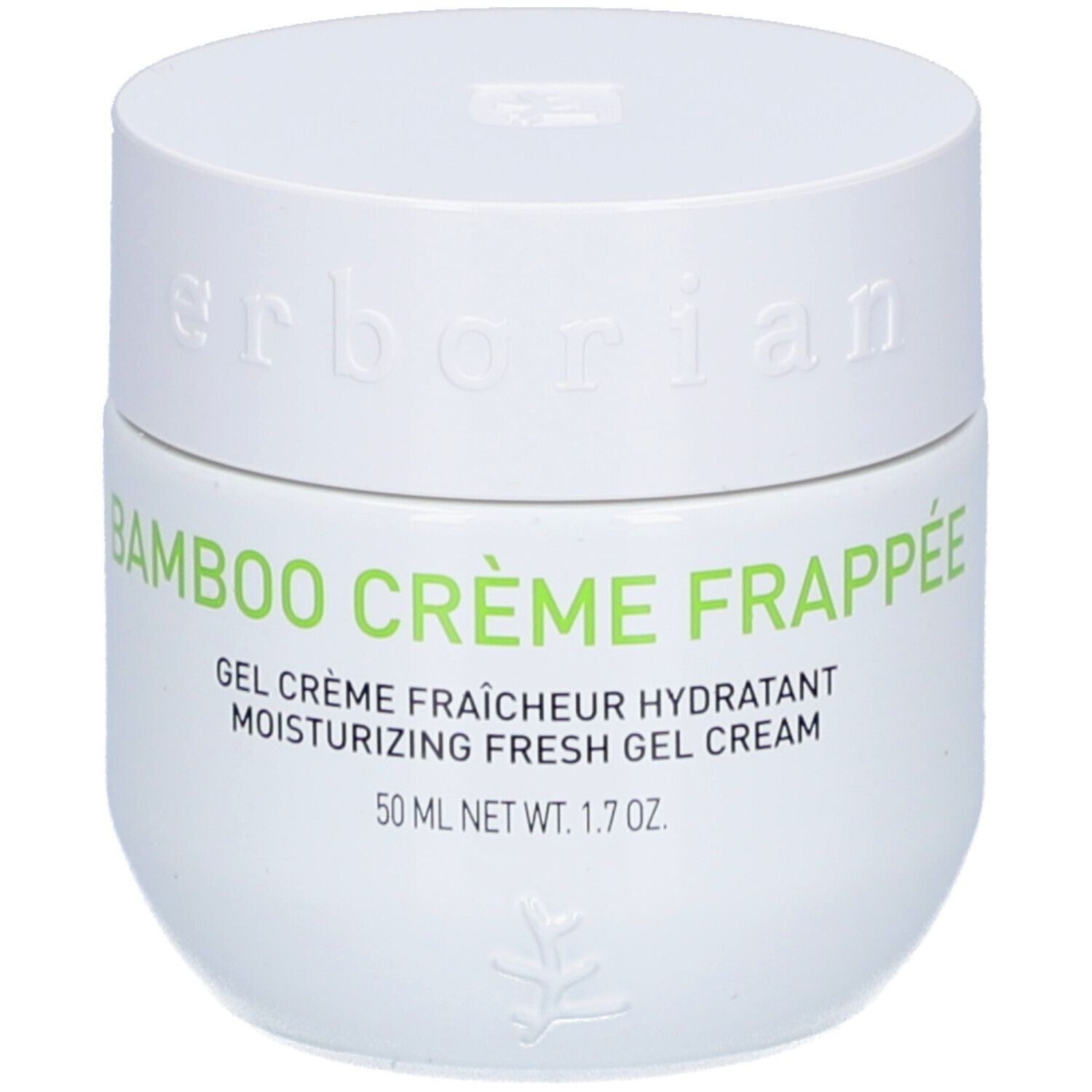 Pot blanc avec texte vert Bamboo Crème Frappée. Texte: Gel Crème Fraîcheur Hydratant, 50 ml.