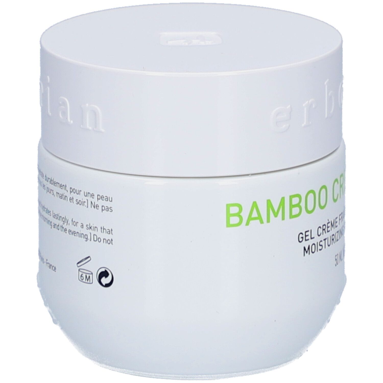 Pot blanc avec texte vert Bamboo Crème Frappée. Texte: Gel Crème Fraîcheur Hydratant, 50 ml.
