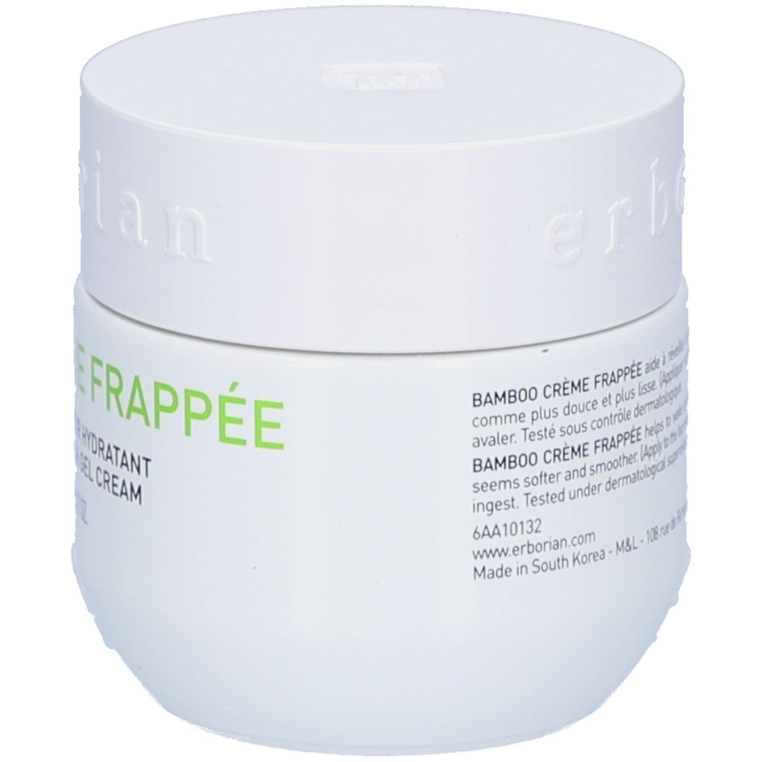 Pot blanc avec texte vert Bamboo Crème Frappée. Texte: Gel Crème Fraîcheur Hydratant, 50 ml.