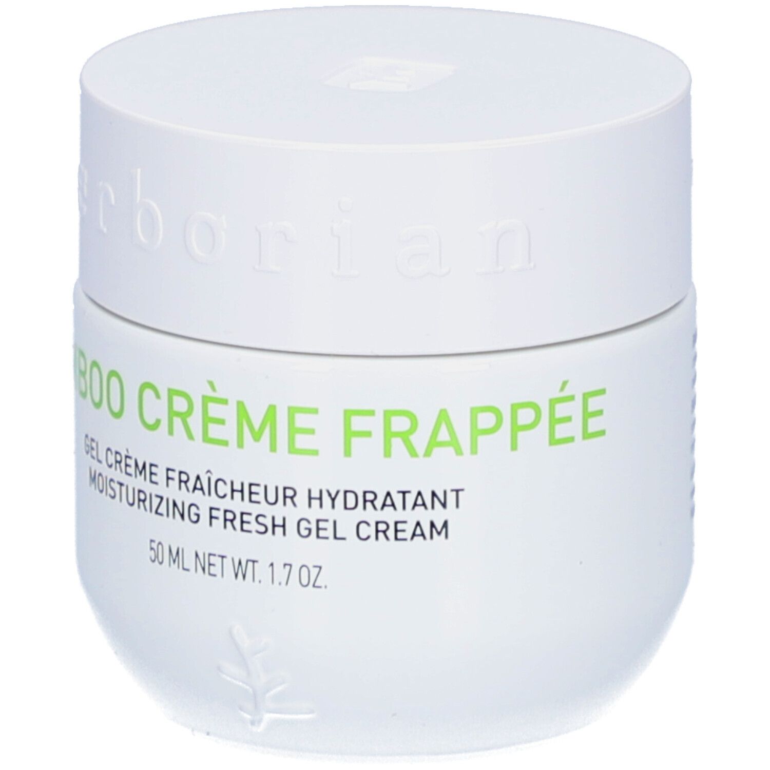 Pot blanc avec texte vert Bamboo Crème Frappée. Texte: Gel Crème Fraîcheur Hydratant, 50 ml.