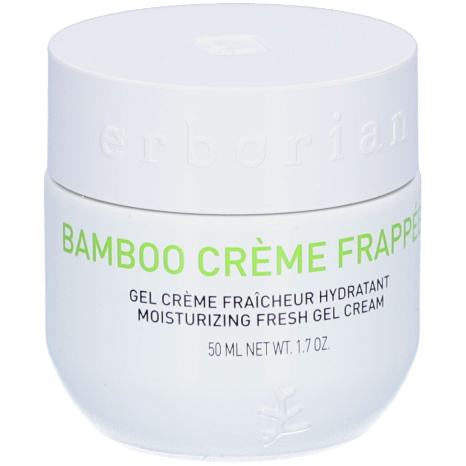Pot blanc avec texte vert Bamboo Crème Frappée. Texte: Gel Crème Fraîcheur Hydratant, 50 ml.