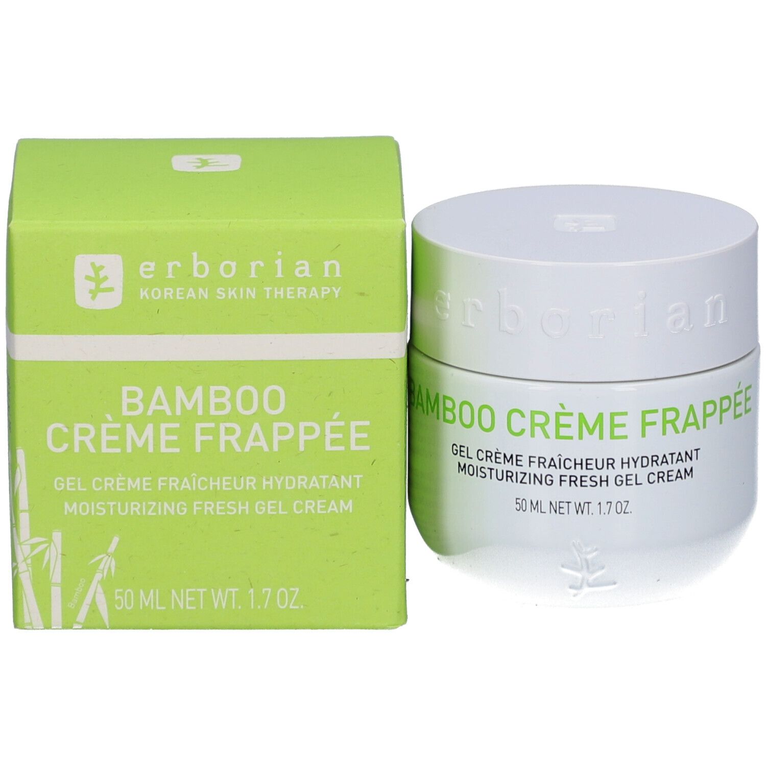 Emballage et pot. Boîte verte avec texte Bamboo Crème Frappée. Pot à côté.