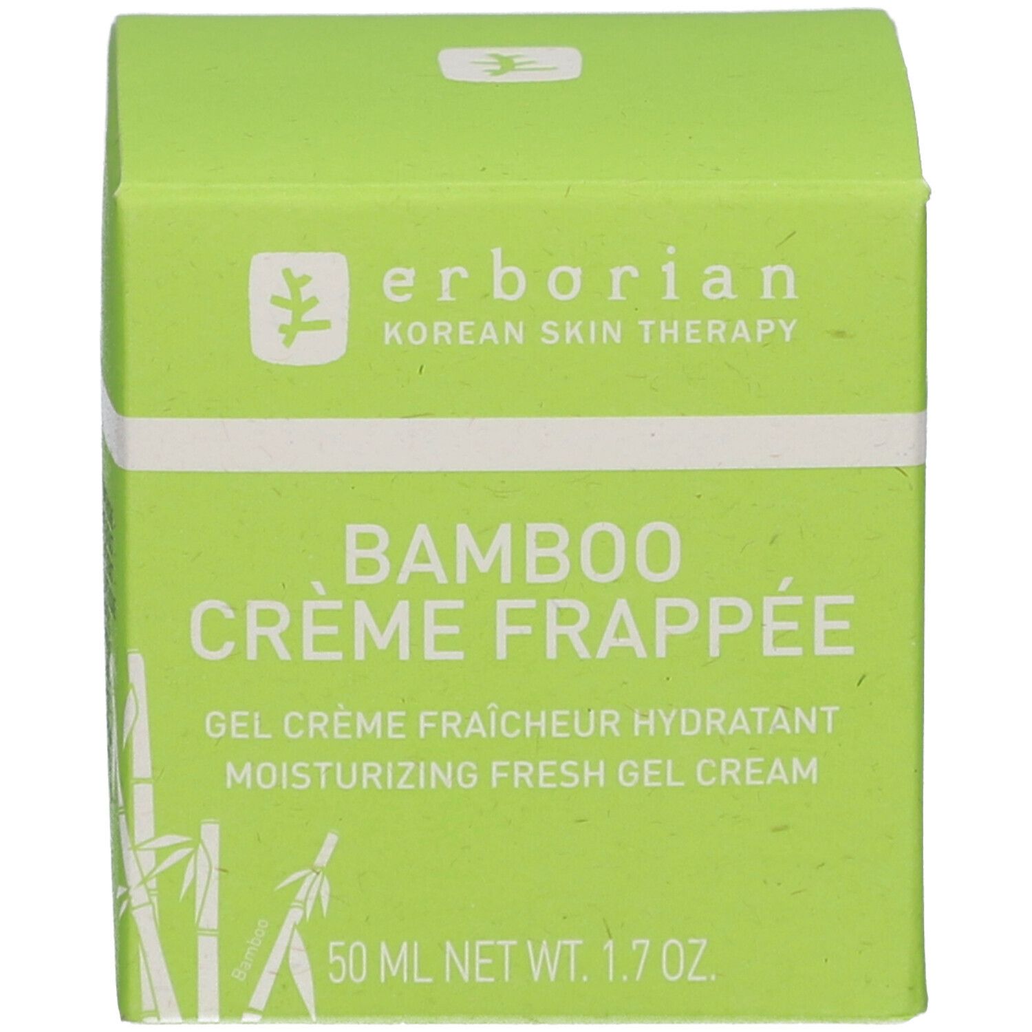 Boîte verte avec texte Bamboo Crème Frappée. Texte: Gel Crème Fraîcheur Hydratant, 50 ml.