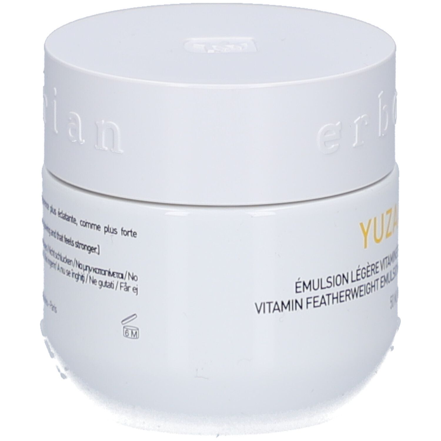 Pot blanc avec couvercle. Inscription: YUZA, Vitamin Featherweight Emulsion. Marque: Erborian.