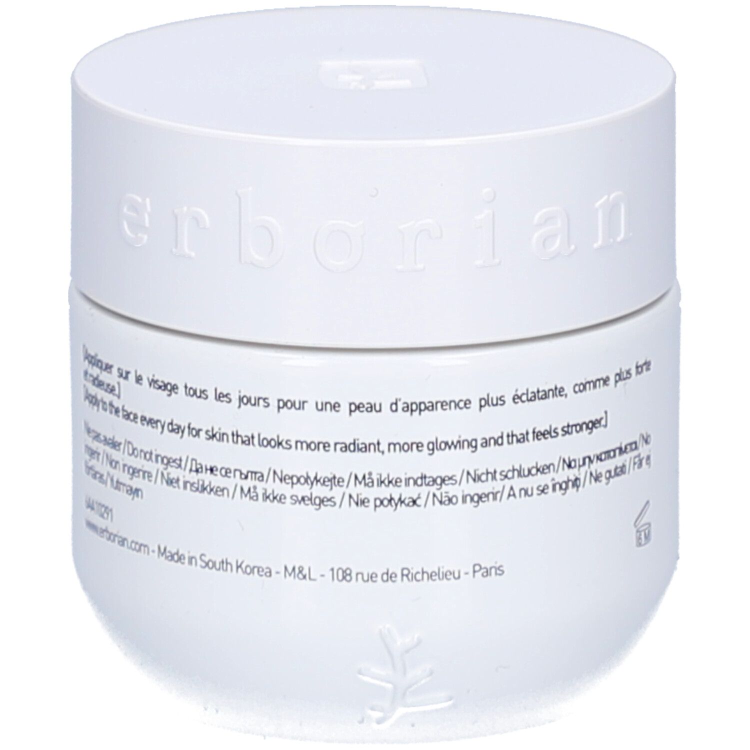 Pot blanc avec couvercle. Inscription: Erborian. Texte en français et en anglais. Fabriqué en Corée du Sud.