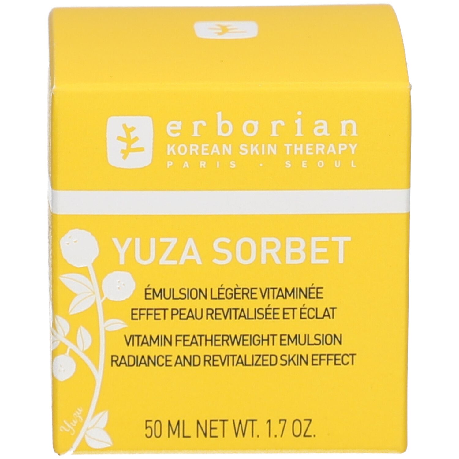 Emballage jaune du produit. Inscription: YUZA SORBET, 50 ml. Marque: Erborian.
