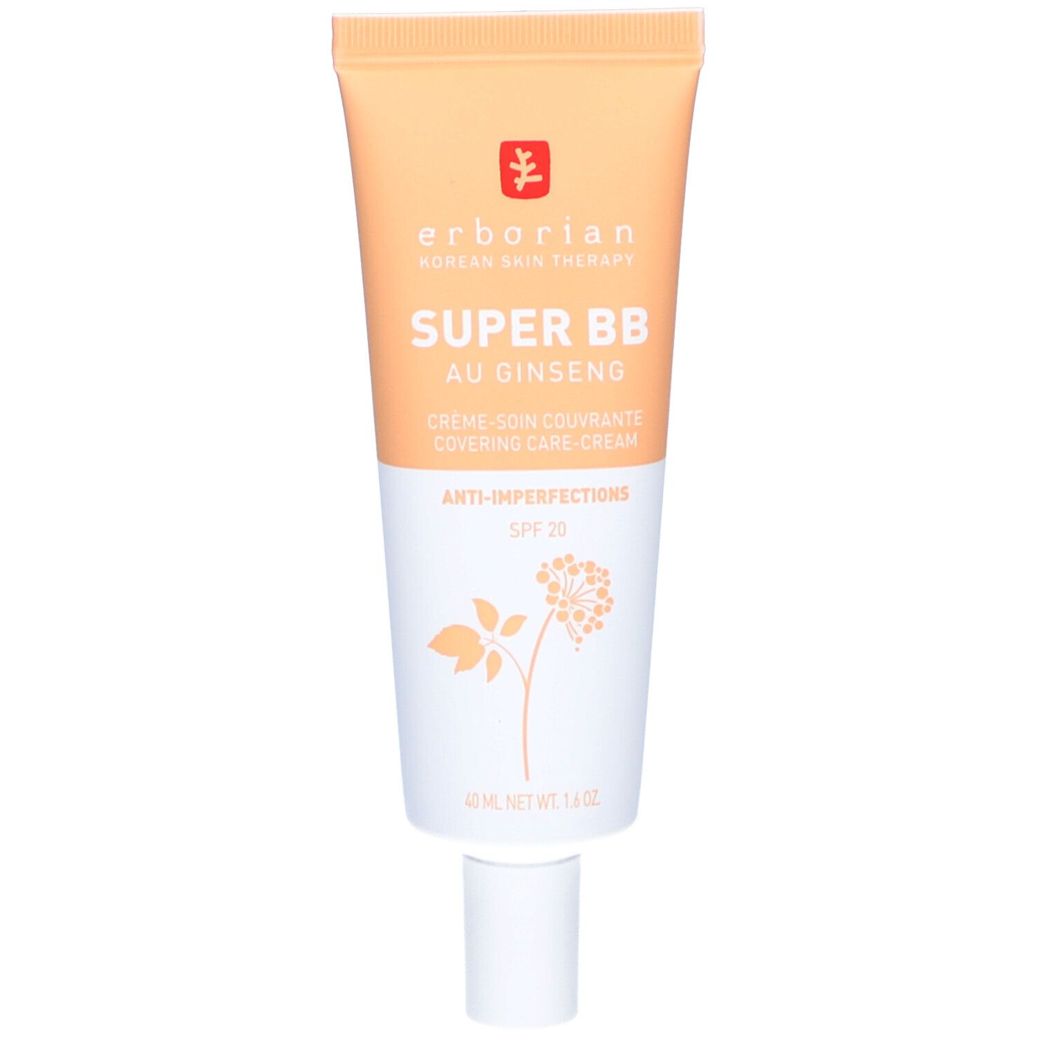 Crèmetube SUPER BB au Ginseng van Erborian. Kleur: Doré. Met SPF 20. Witte dop. Oranje-witte kleurstelling.