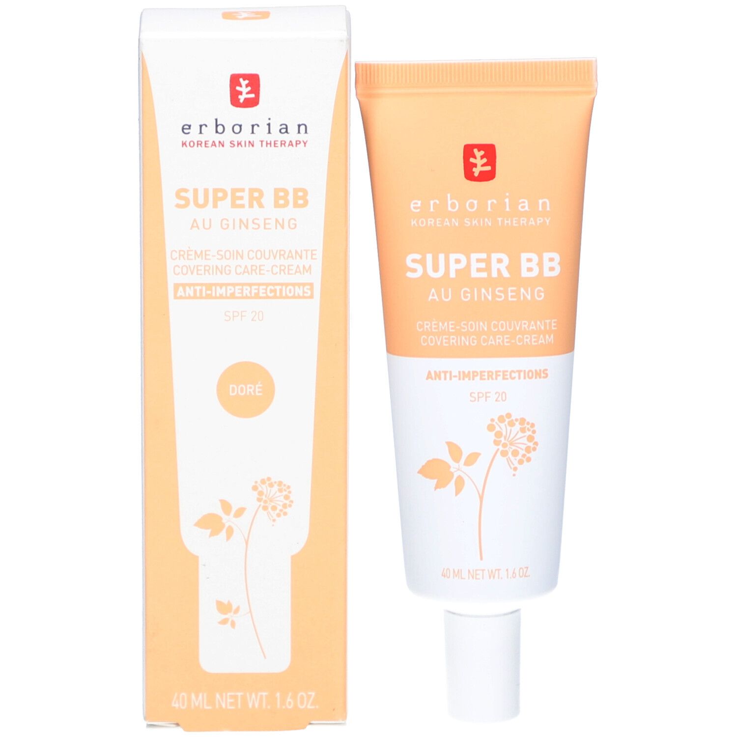 SUPER BB au Ginseng crème en verpakking van Erborian. Kleur: Doré. Met SPF 20. Oranje-witte kleurstelling.