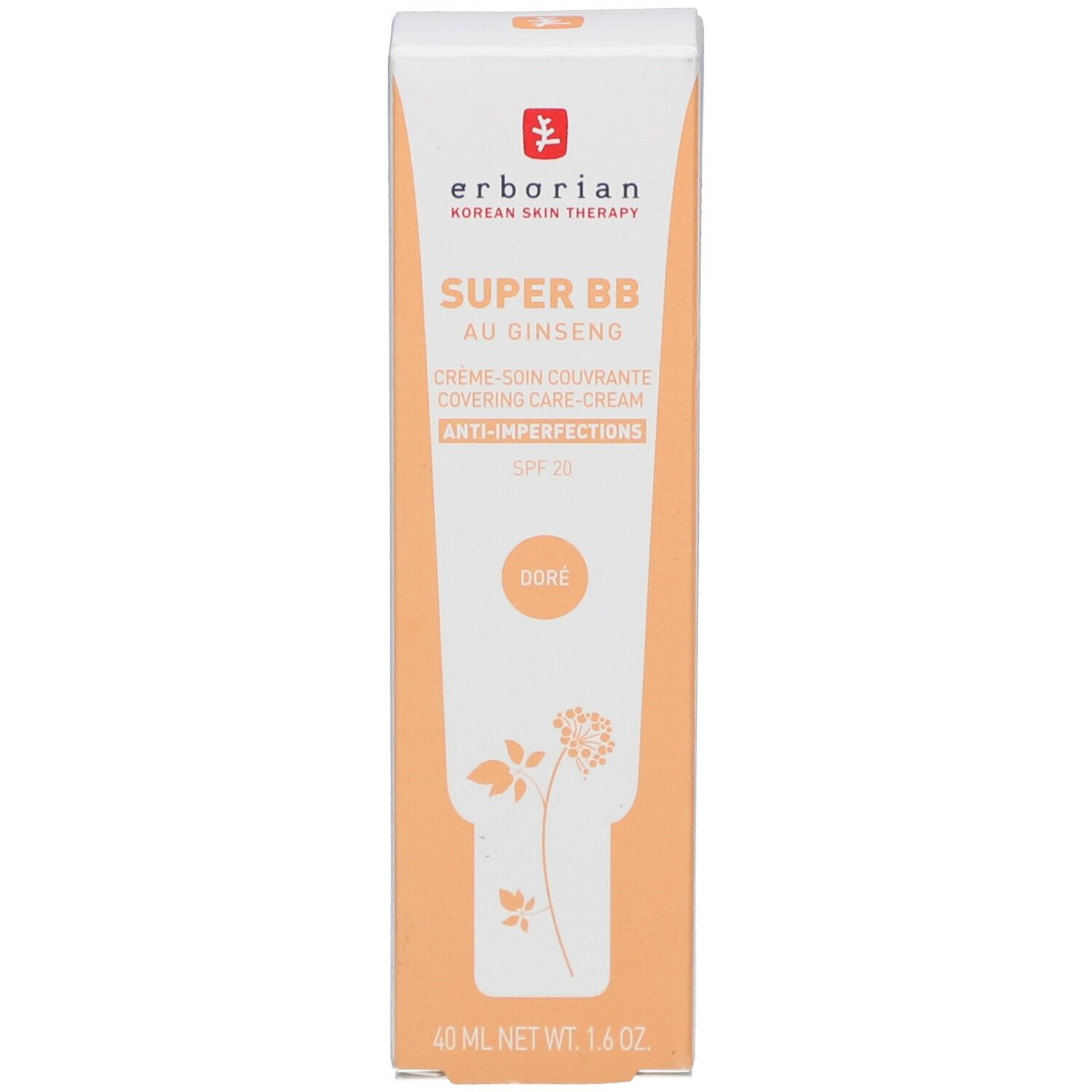 Verpakking van de SUPER BB au Ginseng crème van Erborian. Kleur: Doré. Met SPF 20. Oranje-witte kleurstelling.