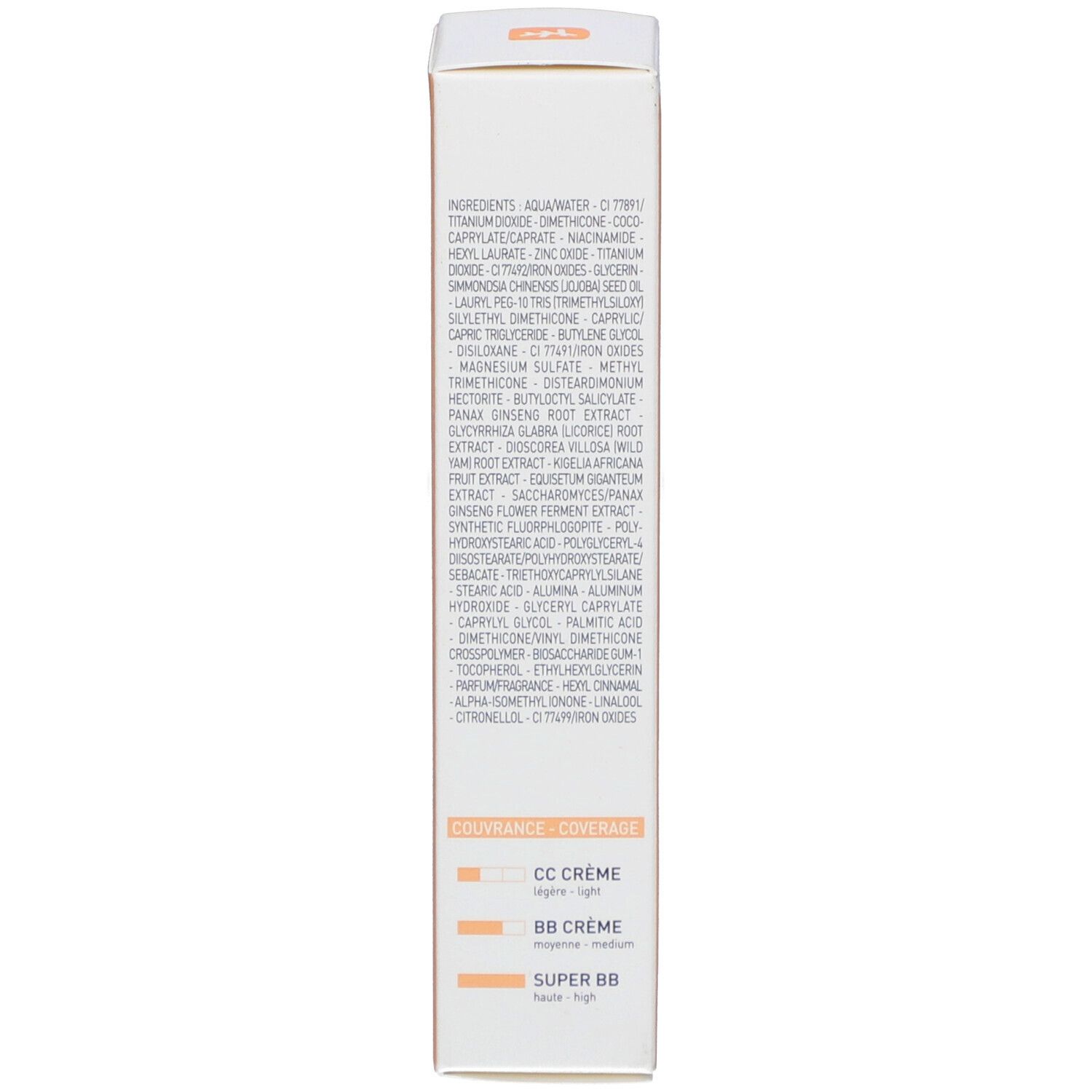 Achterkant van de SUPER BB crèmeverpakking. Ingrediënten en informatie. Kleur: Doré. Oranje-witte kleurstelling.