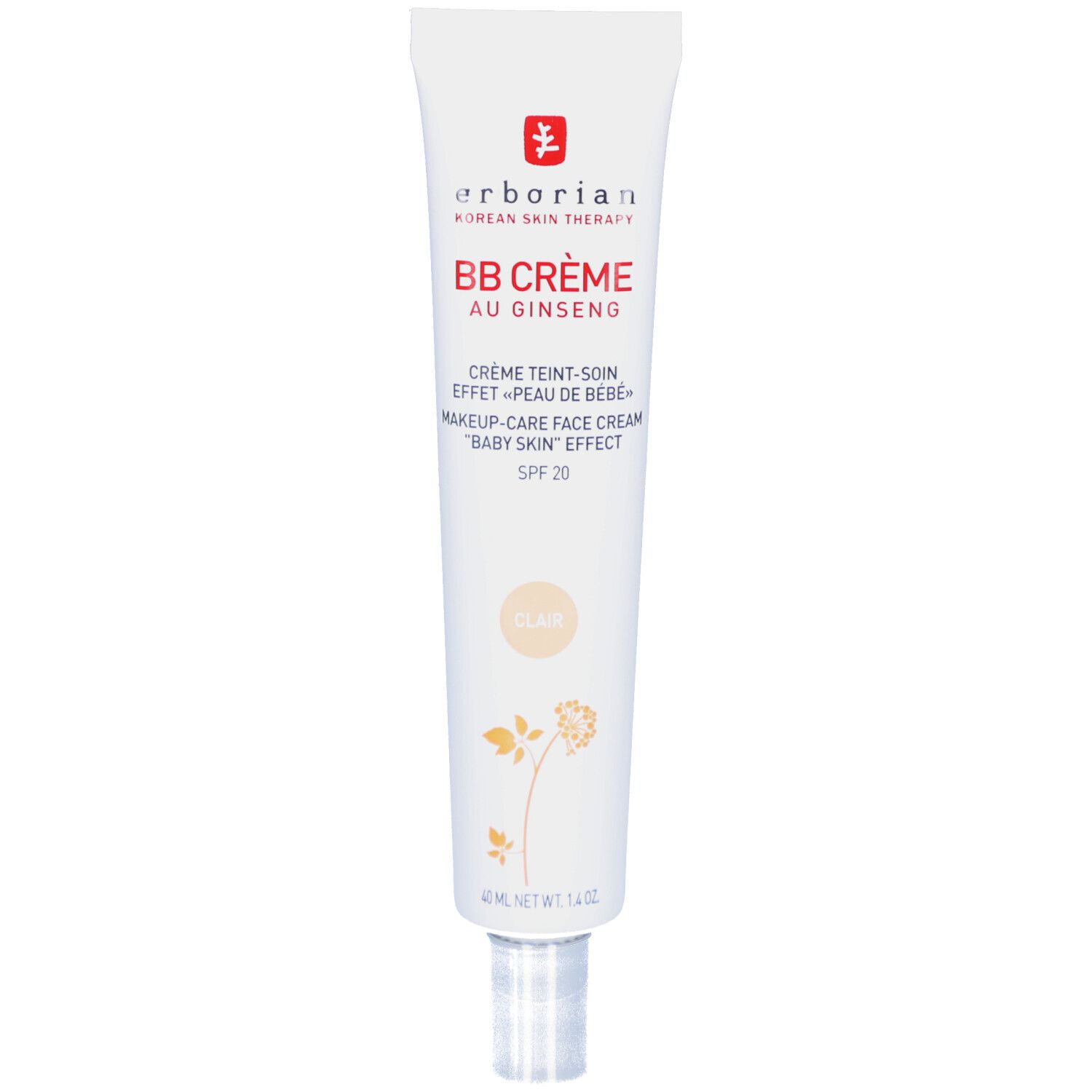 Tube blanc de BB Crème Clair. Inscription: Erborian, BB Crème au Ginseng, SPF 20. 40 ml.