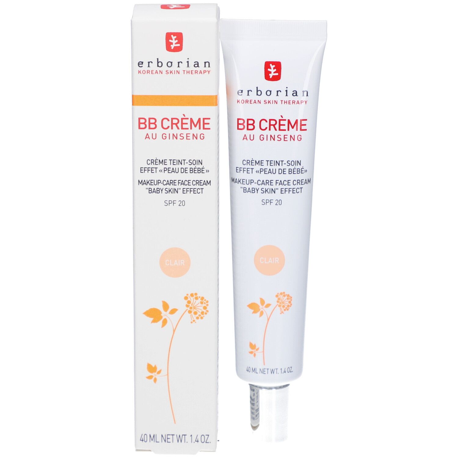 BB Crème Clair en emballage. Inscription: Erborian, BB Crème au Ginseng, SPF 20. 40 ml. Emballage et tube.
