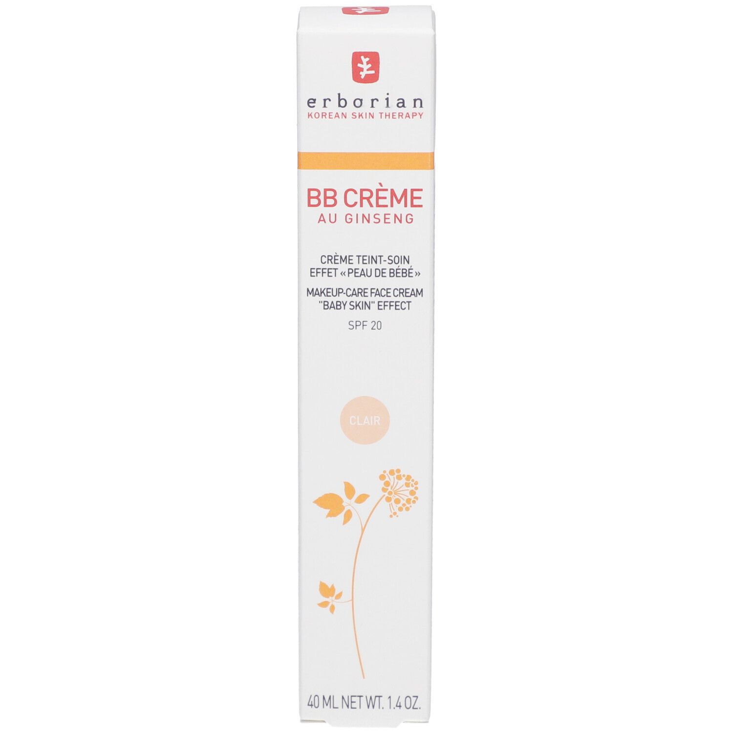 Emballage de BB Crème Clair. Inscription: Erborian, BB Crème au Ginseng, SPF 20. 40 ml.