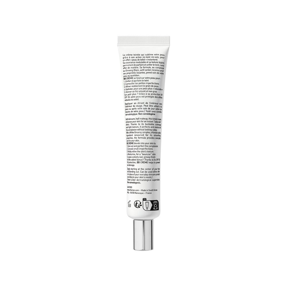 Arrière d'un tube BB Crème Clair avec ingrédients et instructions.