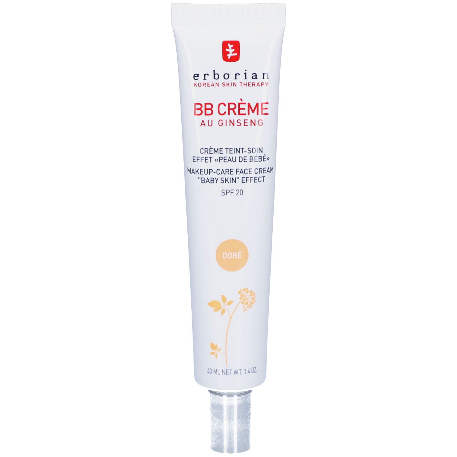 Tube blanc BB Crème Dore. Inscription: Erborian, BB Crème au Ginseng, SPF 20. En dessous: Dore.