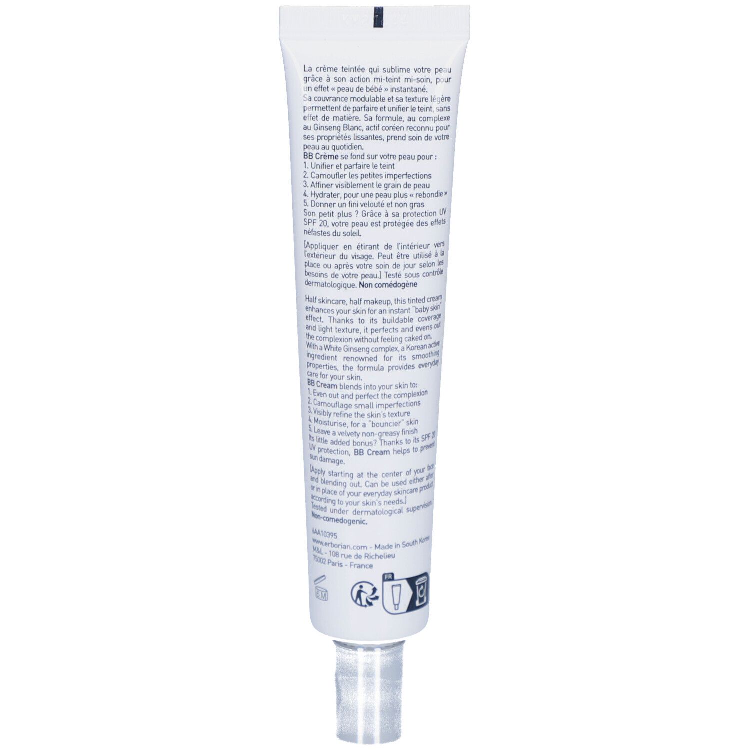 Dos du tube blanc. Texte multilingue. Ingrédients et informations sur le produit.