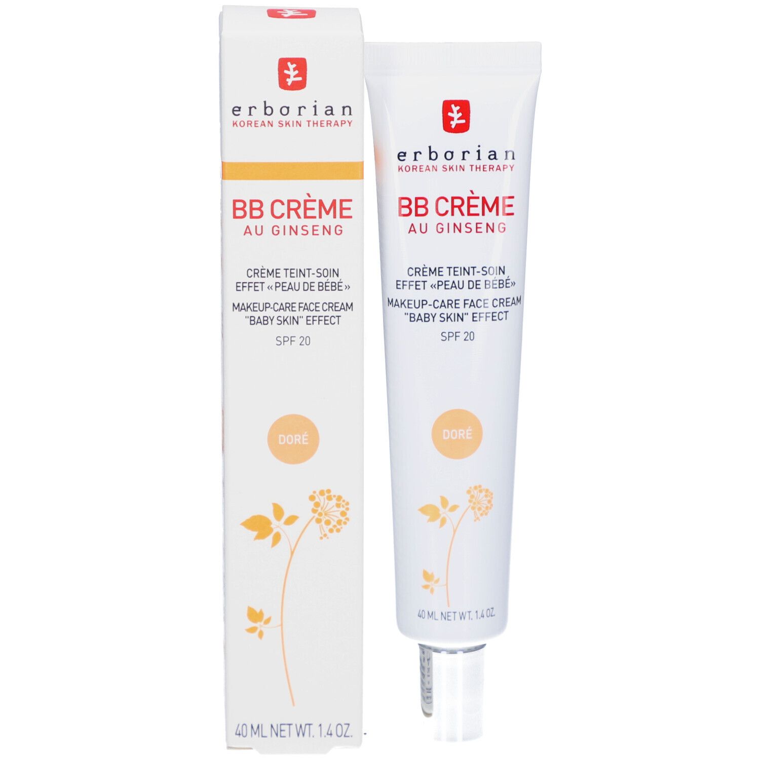 BB Crème Dore en emballage. Tube et boîte. Inscription: Erborian, BB Crème au Ginseng, SPF 20. Dore.