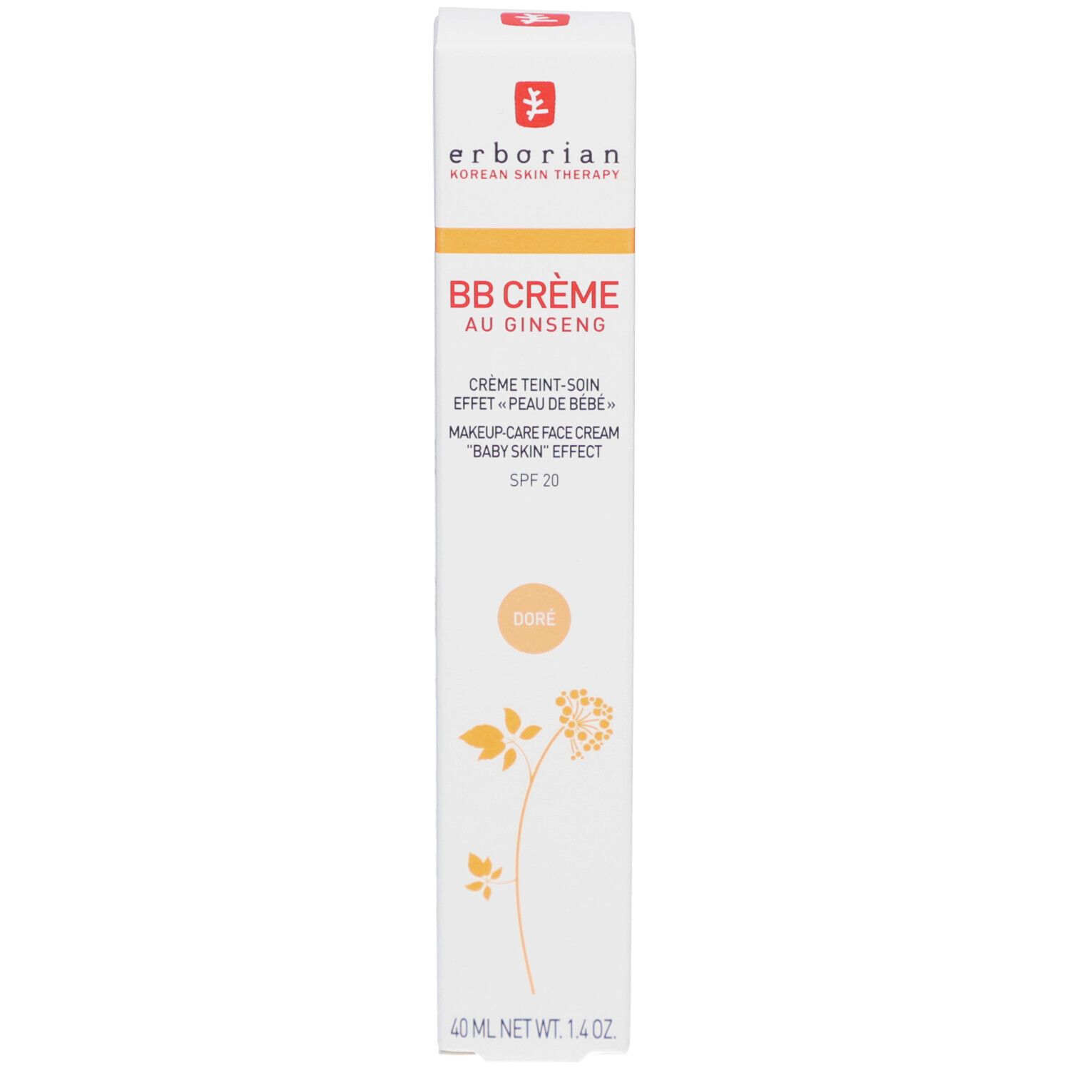 Boîte BB Crème Dore. Inscription: Erborian, BB Crème au Ginseng, SPF 20. Dore. 40 ml.