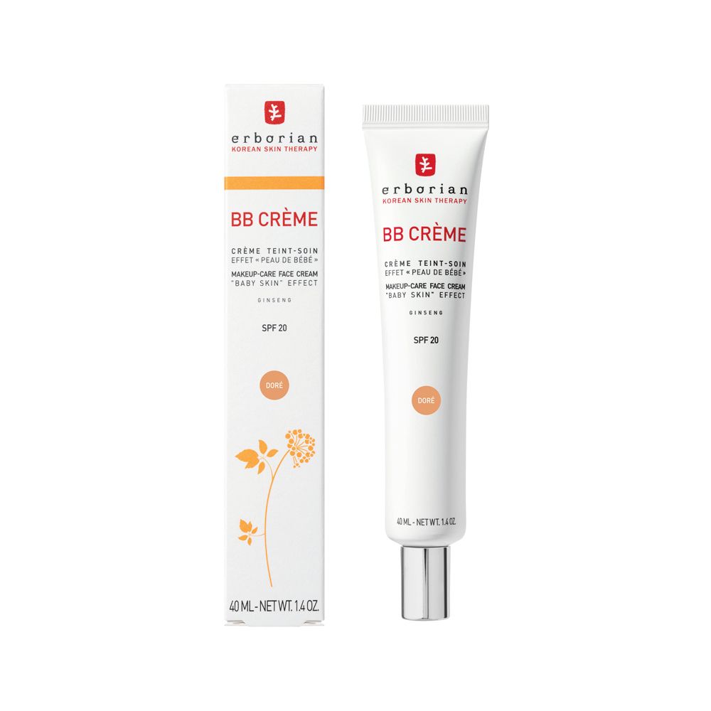 Tube et emballage Erborian BB Crème Doré, vue latérale avec illustration de ginseng.