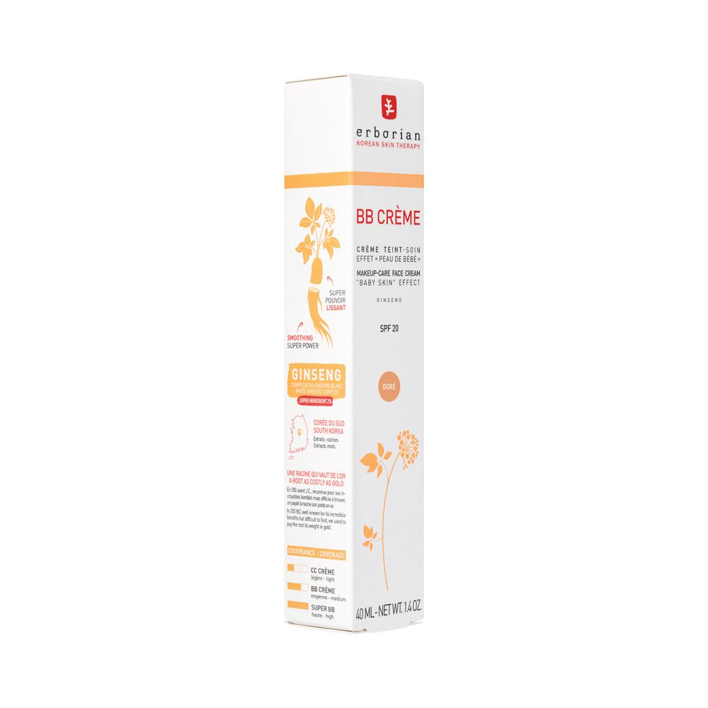 Emballage Erborian BB Crème Doré avec représentation de ginseng et caractéristiques du produit.