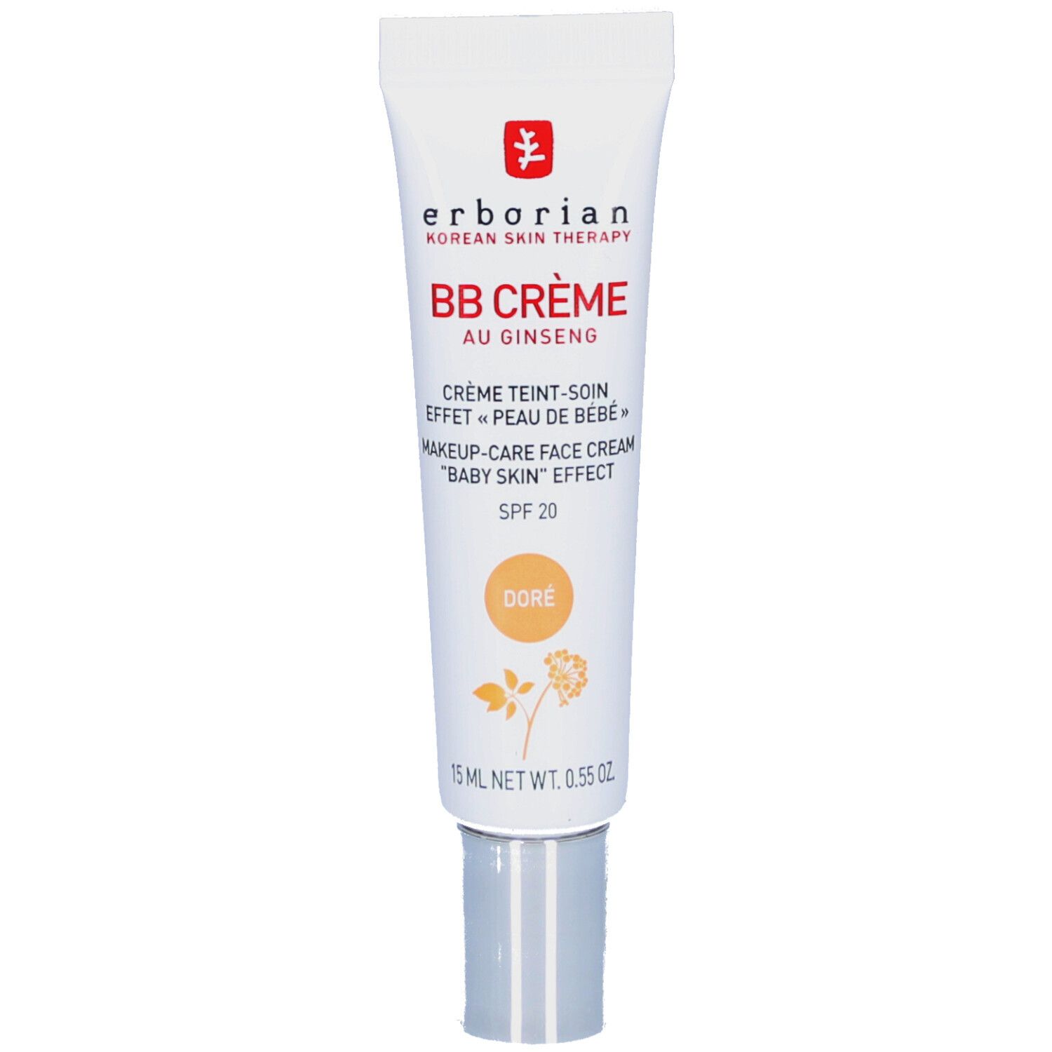Tube BB Crème Doré van Erborian. Witte tube met zilveren dop. Tekst: BB CRÈME, SPF 20, Doré. 15 ml.