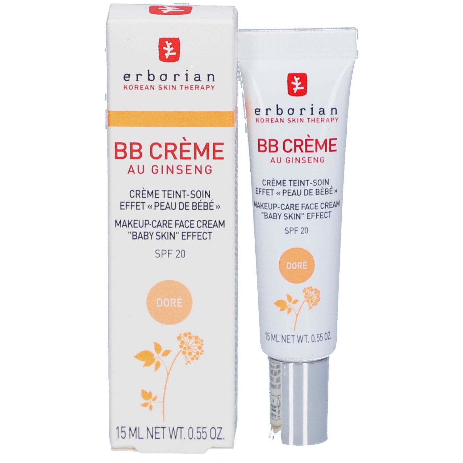 BB Crème Doré van Erborian in verpakking. Witte doos en tube. Tekst: BB CRÈME, SPF 20, Doré. 15 ml.