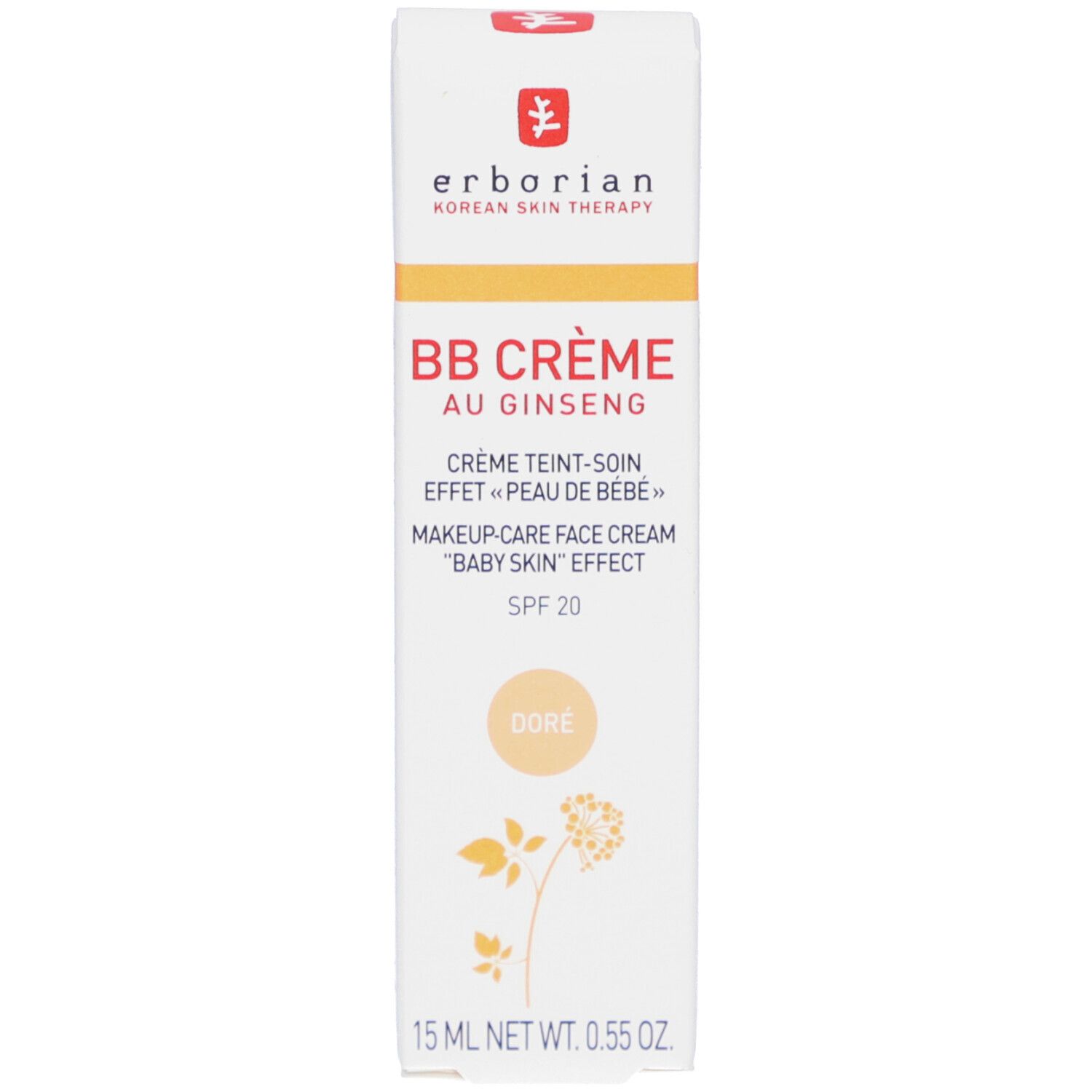 Witte doos BB Crème Doré van Erborian. Tekst: BB CRÈME, SPF 20, Doré. 15 ml. Rood logo.